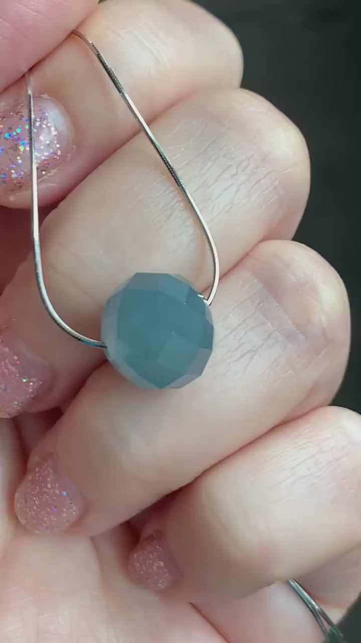 Natural Guatemalan Icy Translucent Light Dusty Blue Jadeite Faceted Drum Bead Pendant Sterling Silver Chain 17.5” adjustable 天然冰危淡蓝翡翠切割面鼓珠项链