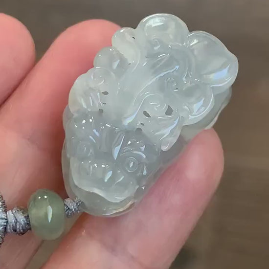 Certified Natural Burmese Premium Icy Translucent Gelatinous Light Blue Jadeite Pixiu Pendant Necklace Sterling Silver 天然缅甸老种冰胶淡蓝翡翠貔貅吊坠 6926