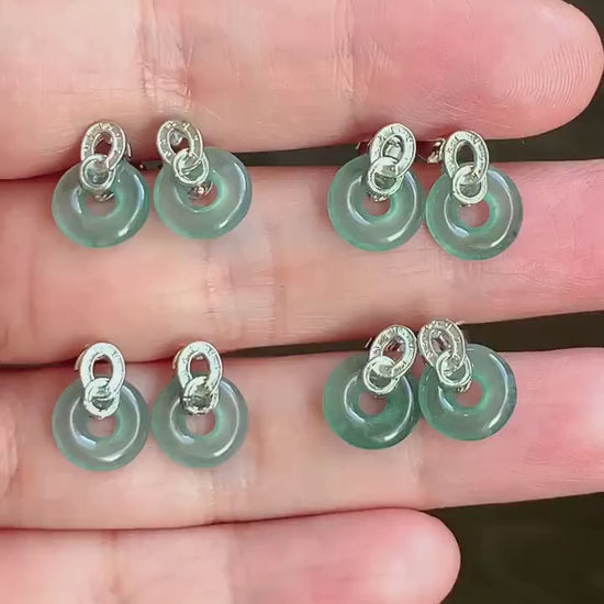 Natural Guatemalan Icy Highly Translucent Teal Green Jadeite Petite Ping An Kou Donut Studs Earrings Sterling Silver 天然冰危晴蓝起光翡翠平安扣耳钉耳环