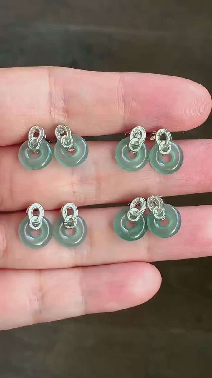 Natural Guatemalan Icy Highly Translucent Teal Green Jadeite Petite Ping An Kou Donut Studs Earrings Sterling Silver 天然冰危晴蓝起光翡翠平安扣耳钉耳环