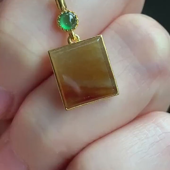 Certified Natural Burmese Icy Translucent Honey Yellow Jadeite Square Shaped Wu Shi Pai Pendant 18K Yellow Gold 天然缅甸起冰油黄翡翠无事牌镶嵌吊坠 3293