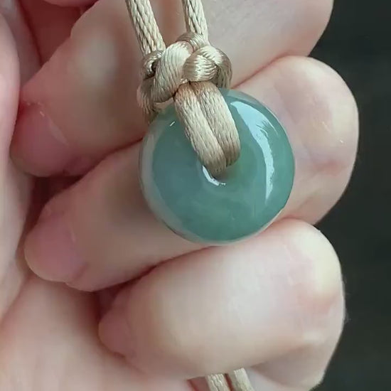 Large Natural Burmese Icy Translucent Dark Dusty Green Jadeite Drum Bead Pendant with Cord Necklace 27” Adjustable 天然缅甸冰糯灰绿翡翠肥鼓珠吊坠