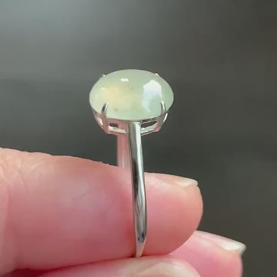 Natural Burmese Icy Translucent Light Yellow Jadeite Large Oval Cabochon Ring Sterling Silver Size 7 Adjustable 天然缅甸冰胶冰糖雪梨黄翡翠蛋面银镶戒指 DBH70