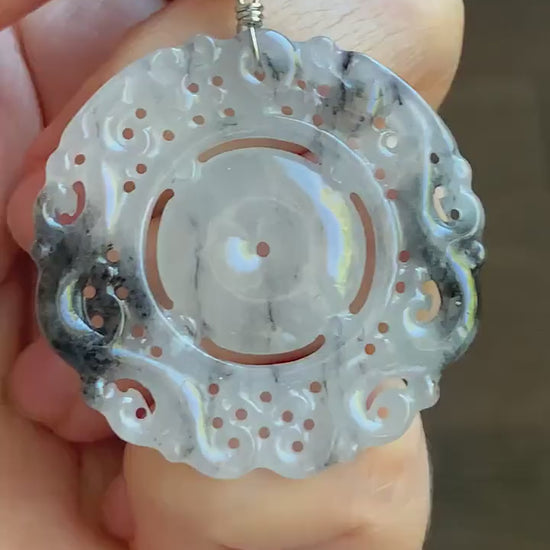 Natural Burmese Icy Translucent Gelatinous Wuji Jadeite Openwork Engraved Double Dragon Donut Pendant Sterling Silver 天然缅甸冰胶乌鸡翡翠双龙护主平安扣吊坠 B