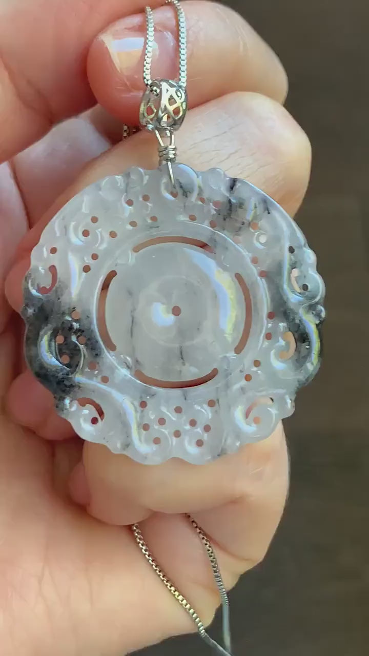 Natural Burmese Icy Translucent Gelatinous Wuji Jadeite Openwork Engraved Double Dragon Donut Pendant Sterling Silver 天然缅甸冰胶乌鸡翡翠双龙护主平安扣吊坠 B