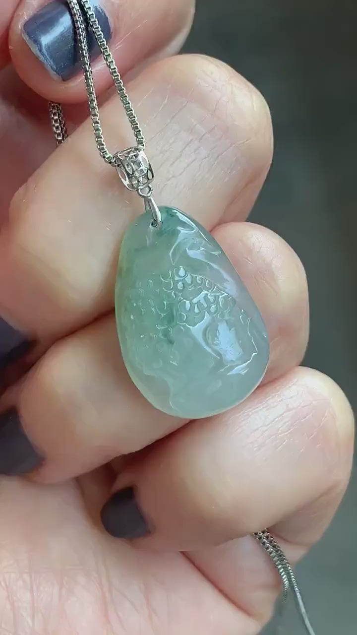 Natural Burmese Icy Translucent Gelatinous Light Green Jadeite Shan Shui Pai Landscape Scenery Pendant 18K White Gold 5g 天然缅甸冰晴绿翡翠精工雕山水牌吊坠