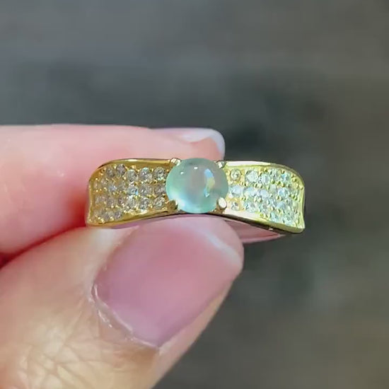 Natural Burmese Icy Highly Translucent Light Green Marbled Jadeite Ring 925 Sterling Silver 4.7x5.1mm Size Adjustable 天然缅甸起光冰晴底翡翠银镶戒指 MXG66B