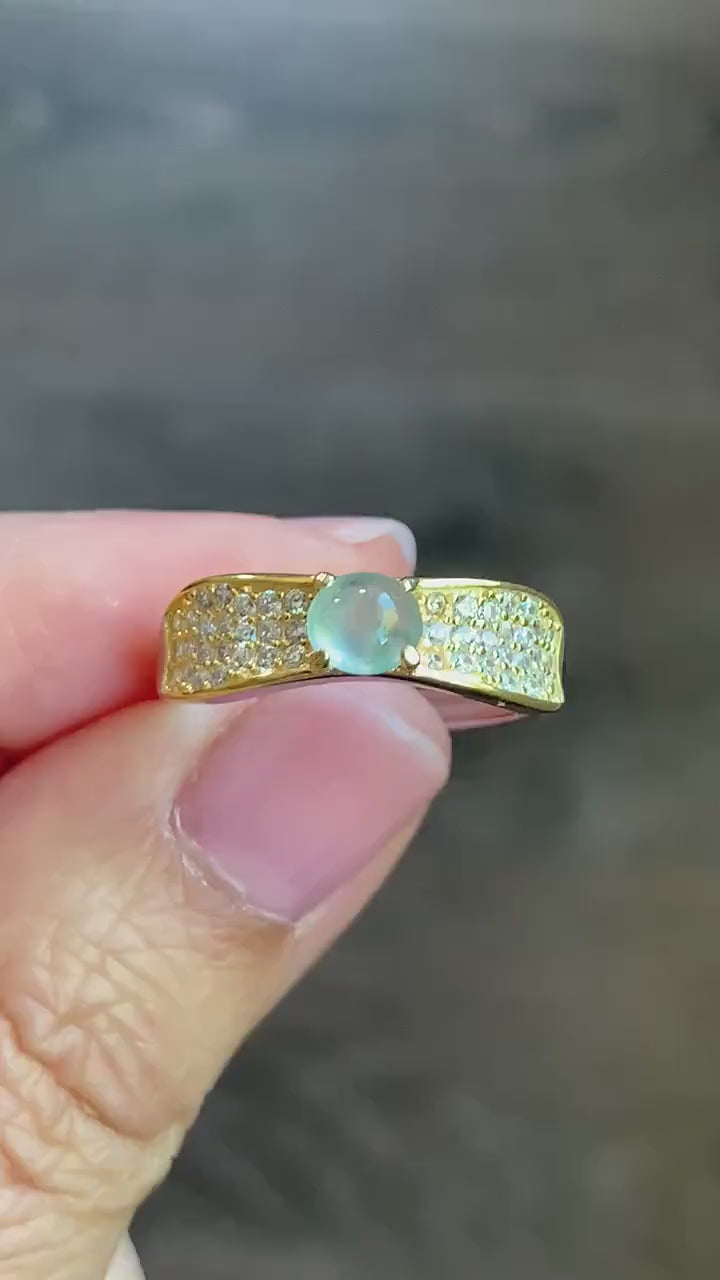 Natural Burmese Icy Highly Translucent Light Green Marbled Jadeite Ring 925 Sterling Silver 4.7x5.1mm Size Adjustable 天然缅甸起光冰晴底翡翠银镶戒指 MXG66B