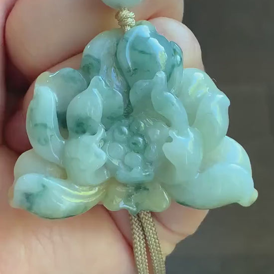 Natural Burmese Translucent Yellow & Green Marbling Tricolored Jadeite Carved Lotus Flower Rope Necklace Adjustable 29” 30g 天然缅甸糯种三彩翡翠莲花吊坠项链