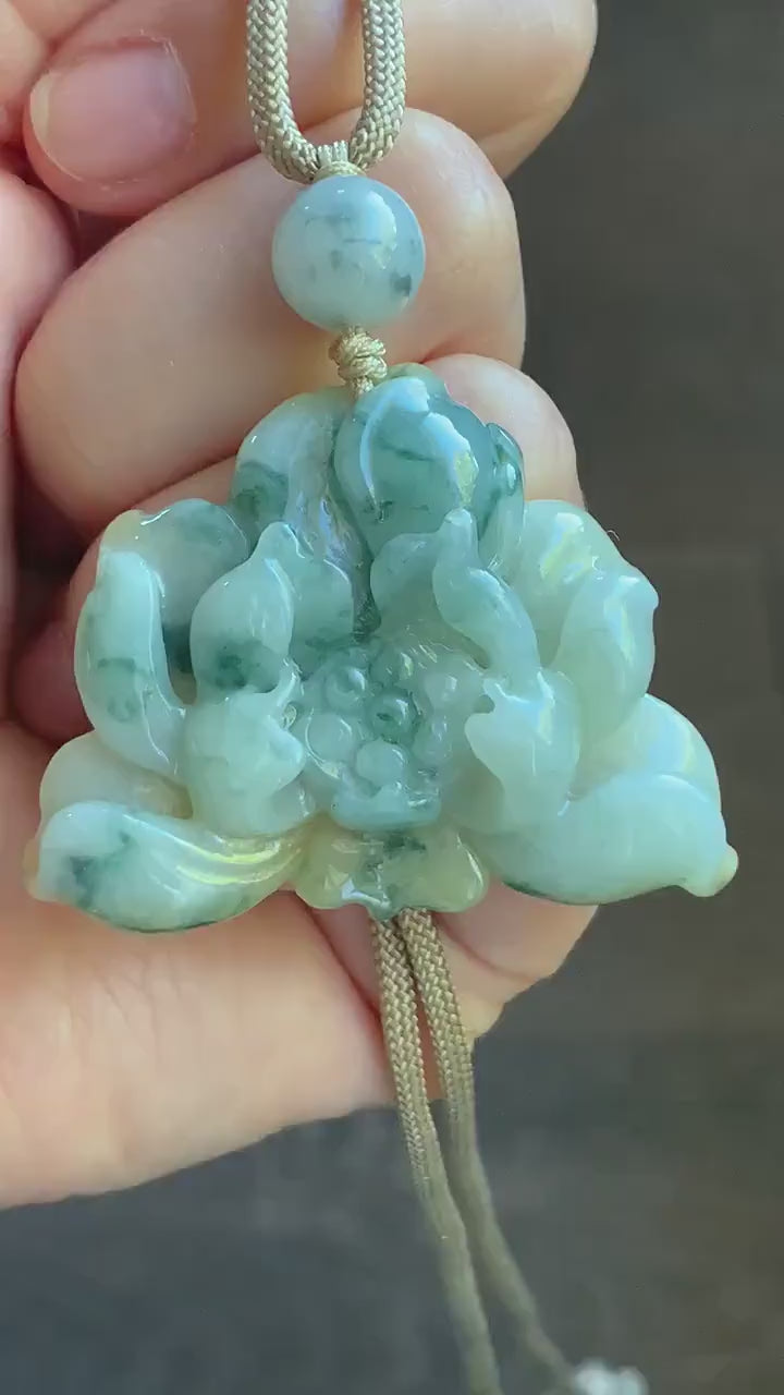 Natural Burmese Translucent Yellow & Green Marbling Tricolored Jadeite Carved Lotus Flower Rope Necklace Adjustable 29” 30g 天然缅甸糯种三彩翡翠莲花吊坠项链