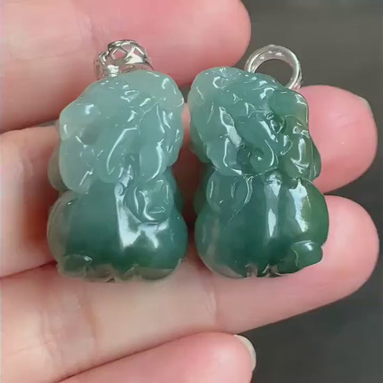 Natural Burmese Icy Translucent Gelatinous Dark Teal Green Jadeite Carved Pixiu Pendant Sterling Silver Bail 天然缅甸冰胶湖水绿翡翠貔貅吊坠