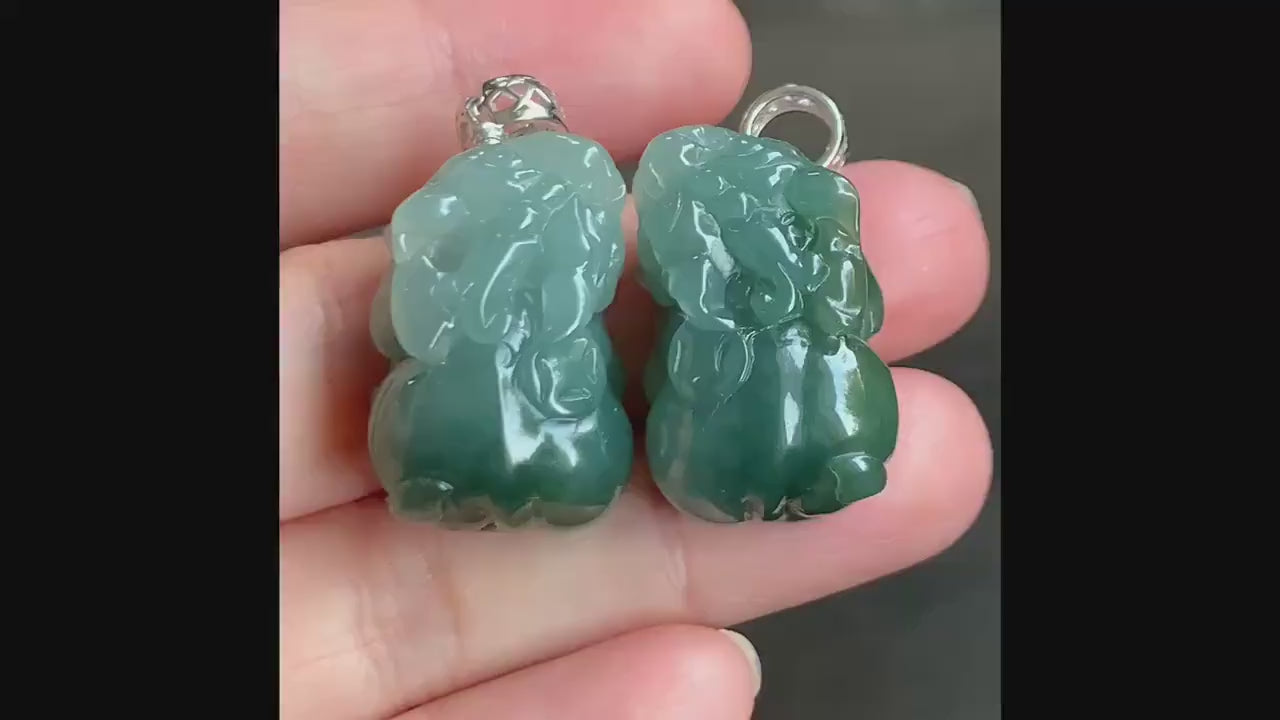 Natural Burmese Icy Translucent Gelatinous Dark Teal Green Jadeite Carved Pixiu Pendant Sterling Silver Bail 天然缅甸冰胶湖水绿翡翠貔貅吊坠