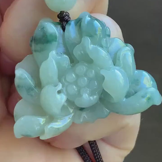 Natural Burmese Translucent Yellow & Green Marbling Tricolored Jadeite Carved Lotus Flower Rope Necklace Adjustable 30” 25g 天然缅甸糯种三彩翡翠莲花吊坠项链