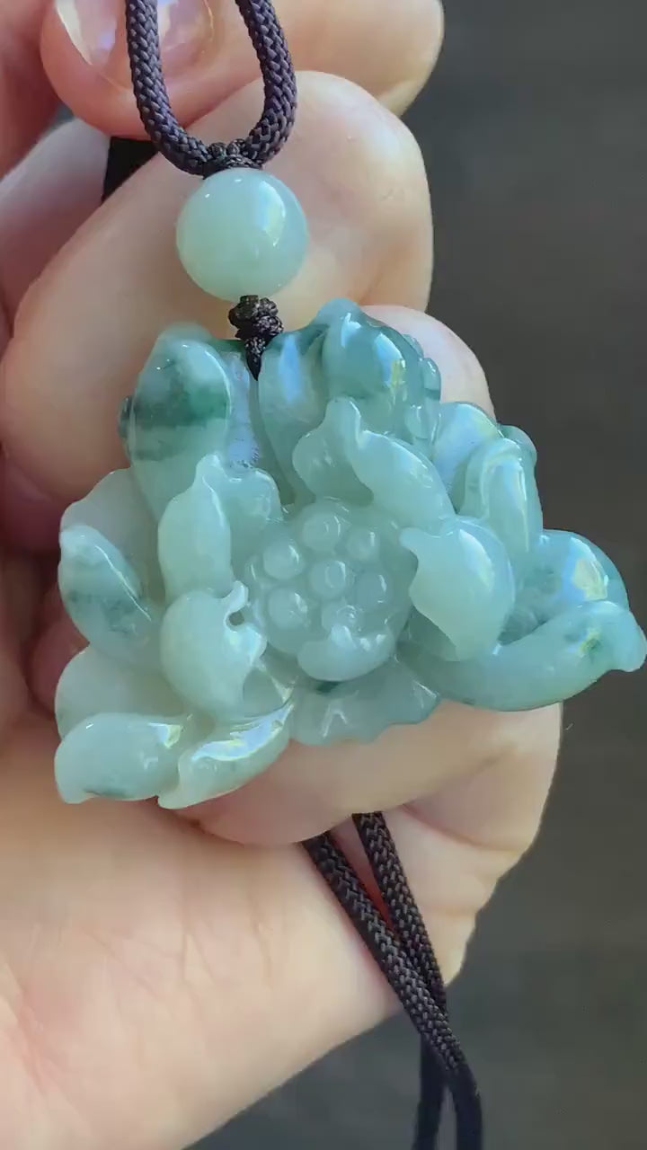 Natural Burmese Translucent Yellow & Green Marbling Tricolored Jadeite Carved Lotus Flower Rope Necklace Adjustable 30” 25g 天然缅甸糯种三彩翡翠莲花吊坠项链