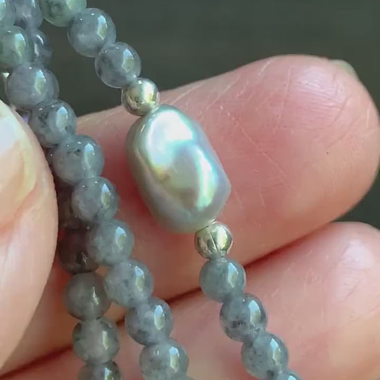 Natural Burmese Icy Translucent White Wuji Jadeite Genuine Baroque Pearl Sterling Silver Beaded Necklace 17”-18” 9g 天然缅甸冰胶浅乌鸡翡翠小珠海水巴洛克珍珠项链