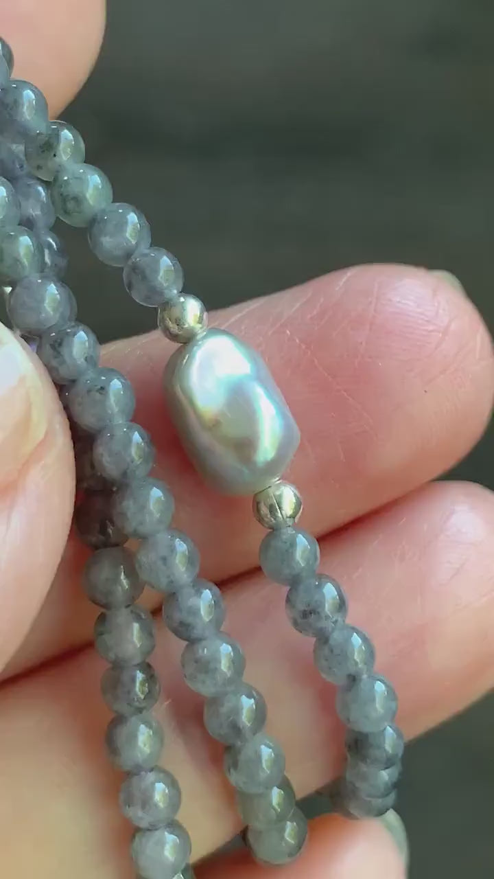 Natural Burmese Icy Translucent White Wuji Jadeite Genuine Baroque Pearl Sterling Silver Beaded Necklace 17”-18” 9g 天然缅甸冰胶浅乌鸡翡翠小珠海水巴洛克珍珠项链