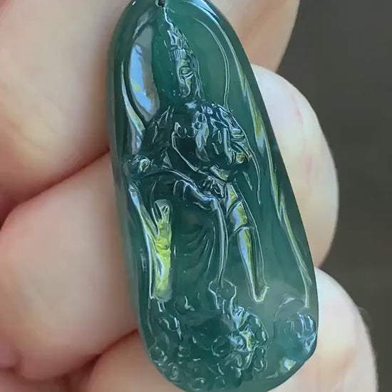 Natural Guatemalan Icy Translucent Gelatinous Deep Blue Jadeite Wen Shu Manjushri Bodhisattva Pendant Sterling Silver 天然冰胶危深蓝翡翠文殊菩萨吊坠 A