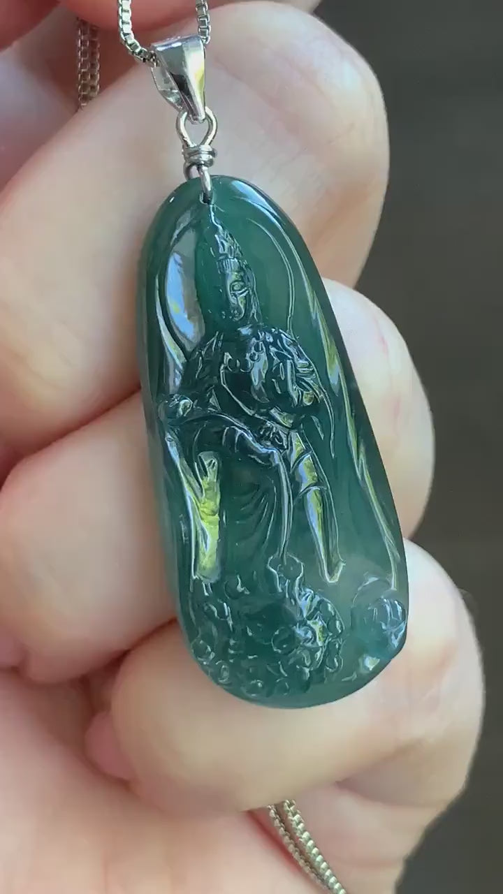 Natural Guatemalan Icy Translucent Gelatinous Deep Blue Jadeite Wen Shu Manjushri Bodhisattva Pendant Sterling Silver 天然冰胶危深蓝翡翠文殊菩萨吊坠 A