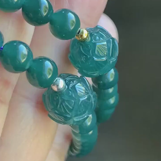 Natural Guatemalan Icy Translucent Intense Teal Blue Jadeite Lotus Flower Bead Beaded Bracelet 6.75” Sterling Silver 天然冰胶危湖水蓝翡翠莲花珠手串