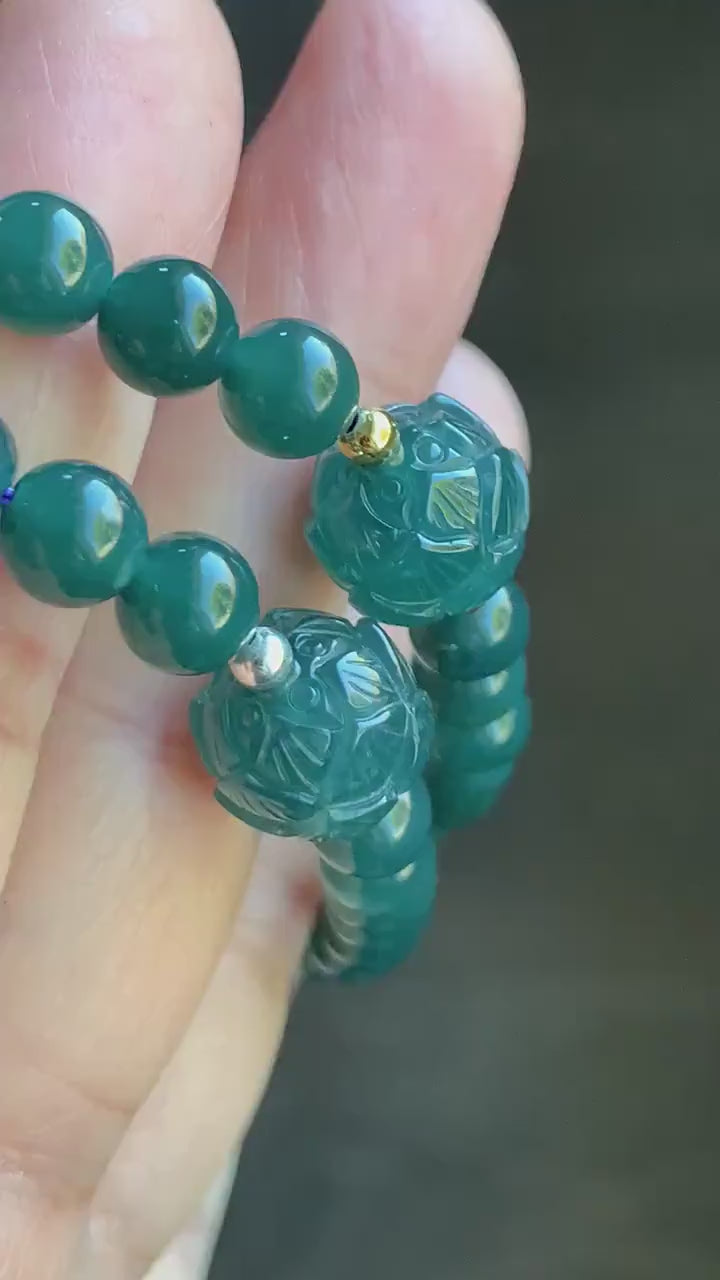 Natural Guatemalan Icy Translucent Intense Teal Blue Jadeite Lotus Flower Bead Beaded Bracelet 6.75” Sterling Silver 天然冰胶危湖水蓝翡翠莲花珠手串