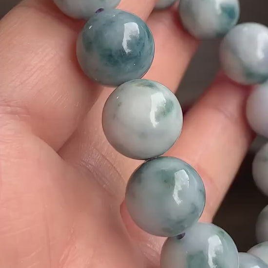 Large Burmese Natural White Jadeite w/ Teal Blue Marbling Beaded Bracelet 12.5mm 7.75” 天然缅甸大卡糯种飘蓝花翡翠手串