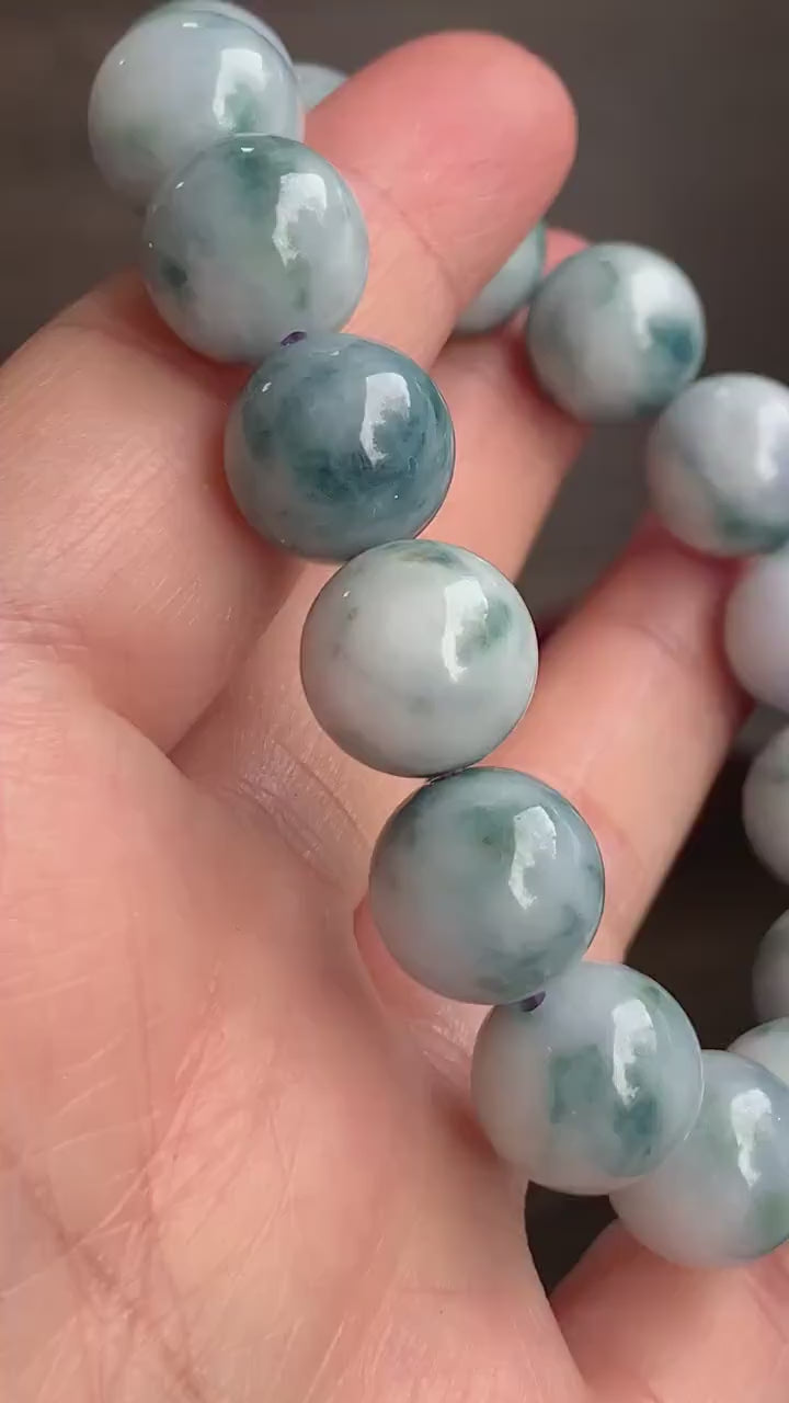 Large Burmese Natural White Jadeite w/ Teal Blue Marbling Beaded Bracelet 12.5mm 7.75” 天然缅甸大卡糯种飘蓝花翡翠手串