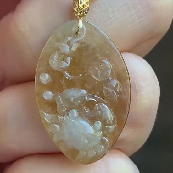 Stunning Natural Burmese Premium Bicolored Icy Highly Translucent Jadeite Crab & Coins Pendant 18K Yellow Gold 3g 天然缅甸冰黄翡双色翡翠螃蟹八方来财吊坠