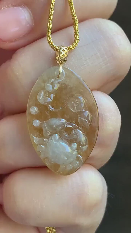 Stunning Natural Burmese Premium Bicolored Icy Highly Translucent Jadeite Crab & Coins Pendant 18K Yellow Gold 3g 天然缅甸冰黄翡双色翡翠螃蟹八方来财吊坠