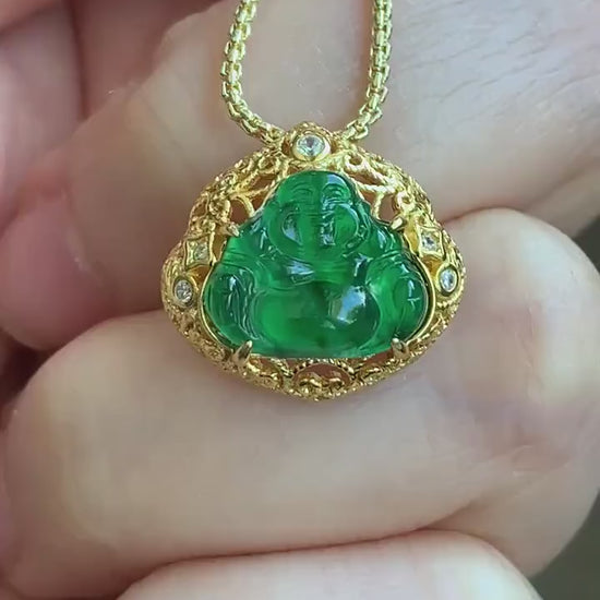 Natural Guatemalan Icy Highly Translucent Vibrant Green Jadeite Carved Buddha Pendant Sterling Silver Yellow Gold Overlay 天然冰危阳绿翡翠佛公镶嵌吊坠