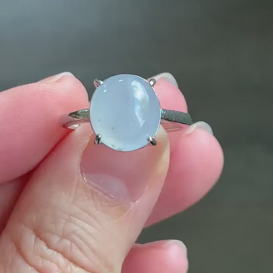 Natural Burmese Icy Translucent Gelatinous White Jadeite Wuji Marbling Ring Sterling Silver Size 7 Adjustable 天然缅甸白冰胶飘乌鸡翡翠蛋面银镶戒指 MBWJ80