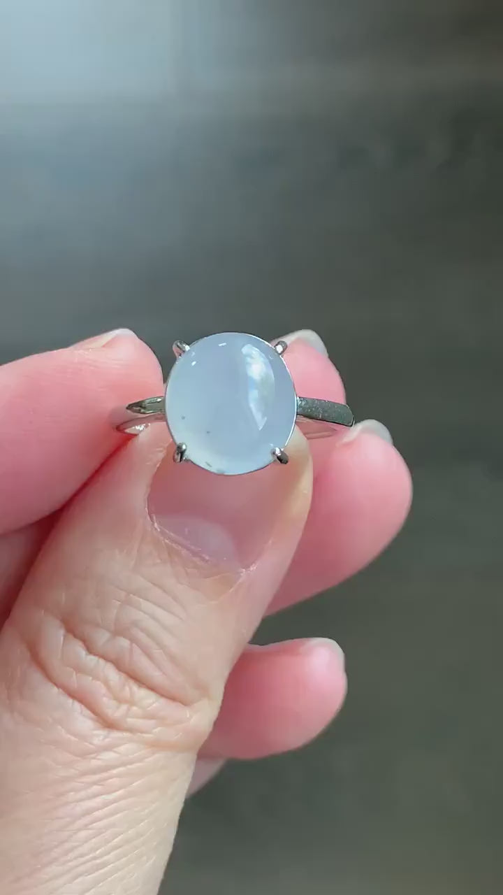 Natural Burmese Icy Translucent Gelatinous White Jadeite Wuji Marbling Ring Sterling Silver Size 7 Adjustable 天然缅甸白冰胶飘乌鸡翡翠蛋面银镶戒指 MBWJ80