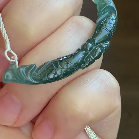 Natural Guatemalan Icy Translucent Deep Teal Blue Jadeite Double Fish Crescent Pendant 999 Sterling Silver Necklace 20” 天然冰胶危料湖水蓝翡翠双鱼玉横足银项链