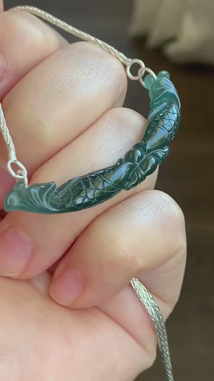 Natural Guatemalan Icy Translucent Deep Teal Blue Jadeite Double Fish Crescent Pendant 999 Sterling Silver Necklace 20” 天然冰胶危料湖水蓝翡翠双鱼玉横足银项链