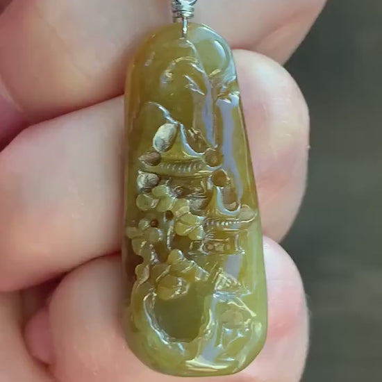 Natural Burmese Icy Translucent Deep Rich Yellow Jadeite Shan Shui Landscape Pendant Sterling Silver Bail 7g 天然缅甸冰油黄翡翠山水牌吊坠