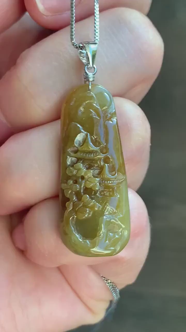 Natural Burmese Icy Translucent Deep Rich Yellow Jadeite Shan Shui Landscape Pendant Sterling Silver Bail 7g 天然缅甸冰油黄翡翠山水牌吊坠
