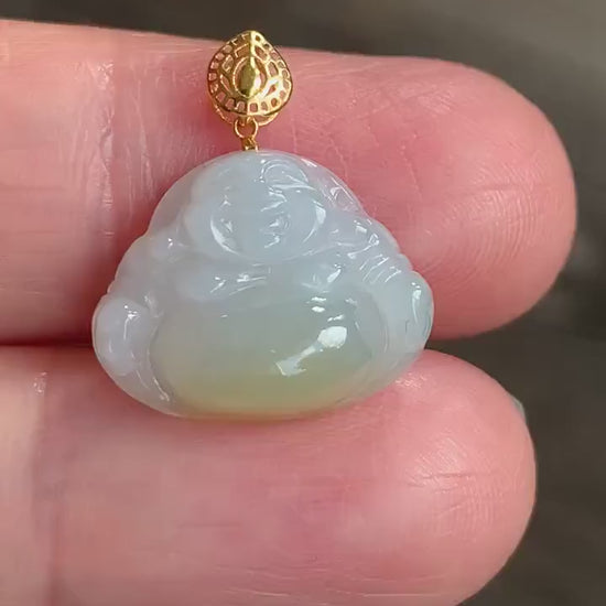 Petite Natural Burmese Icy Translucent Gelatinous Jadeite with yellow marbling Buddha Pendant 18K Yellow Bail w/ 17” Cord 天然缅甸冰飘黄翡翠佛公镶嵌吊坠