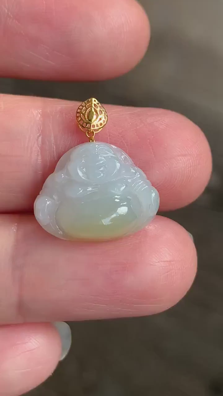 Petite Natural Burmese Icy Translucent Gelatinous Jadeite with yellow marbling Buddha Pendant 18K Yellow Bail w/ 17” Cord 天然缅甸冰飘黄翡翠佛公镶嵌吊坠