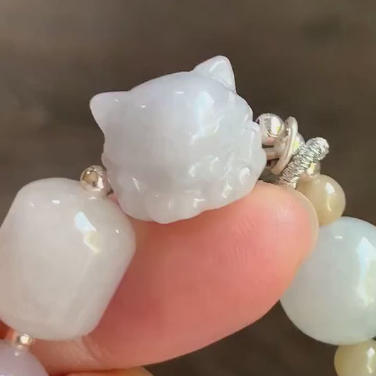 Natural Burmese Icy Translucent White & Light Purple Jadeite Nine-Tailed Fox Jadeite Beaded Bracelet Sterling Silver 6.75” 天然缅甸冰淡紫底翡翠九尾狐圆珠手串