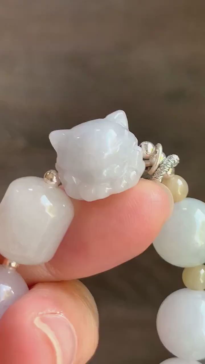 Natural Burmese Icy Translucent White & Light Purple Jadeite Nine-Tailed Fox Jadeite Beaded Bracelet Sterling Silver 6.75” 天然缅甸冰淡紫底翡翠九尾狐圆珠手串