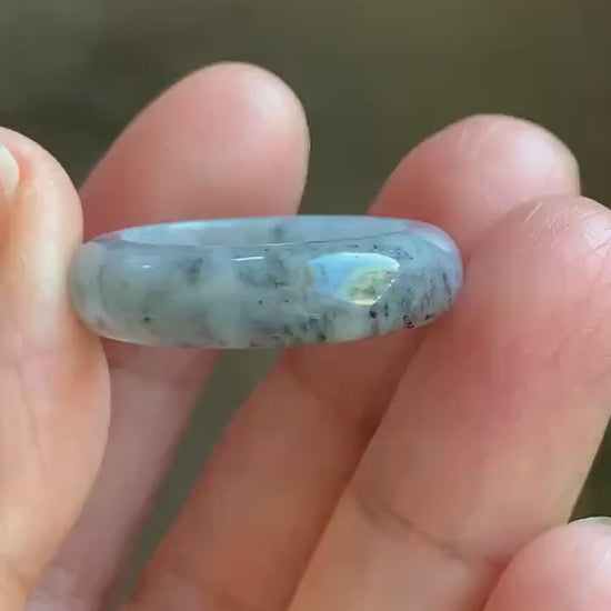 Natural Grade A Icy Translucent Light Gray Wuji Marbled Jade Jadeite Band Ring Size 8.75 US 天然冰胶乌鸡翡翠戒圈 MWJ66B