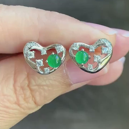 Natural Guatemalan Icy Translucent Vibrant Green Jadeite Heart Design Stud Earrings S925 Sterling Silver 天然冰危绿翡翠银镶爱心耳钉