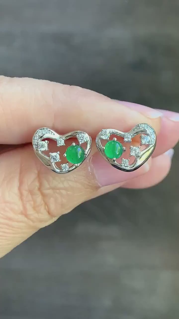 Natural Guatemalan Icy Translucent Vibrant Green Jadeite Heart Design Stud Earrings S925 Sterling Silver 天然冰危绿翡翠银镶爱心耳钉