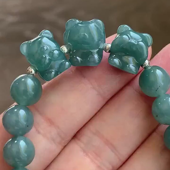 Natural Guatemalan Icy Translucent Teal Blue Jadeite Three Wise Bear Charms Beaded Bracelet Sterling Silver 8.9mm 7” 28g 天然冰危蓝绿翡翠不听不看不说小熊手串
