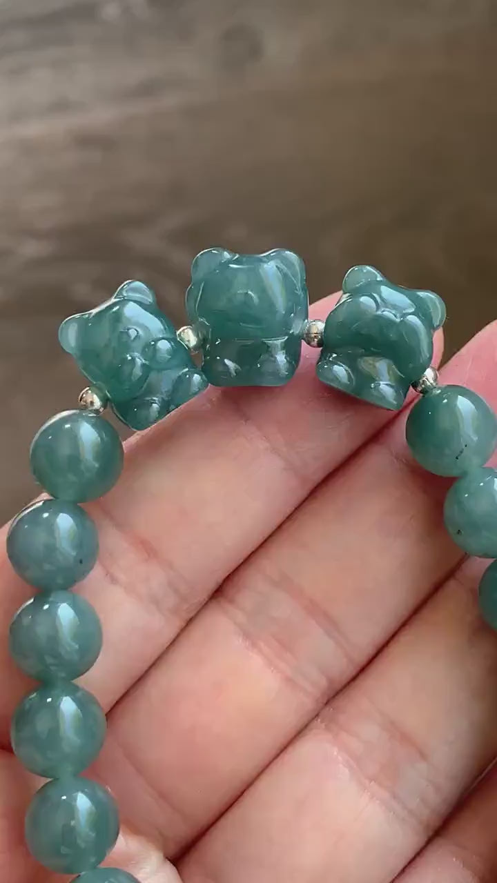 Natural Guatemalan Icy Translucent Teal Blue Jadeite Three Wise Bear Charms Beaded Bracelet Sterling Silver 8.9mm 7” 28g 天然冰危蓝绿翡翠不听不看不说小熊手串