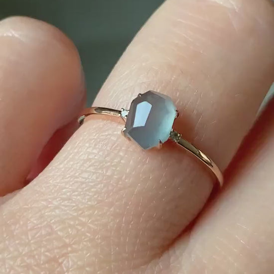 Certified 18K Rose Gold Natural Burmese Icy Faceted Sky Blue Jadeite Solitaire with Diamonds Ring Sz 7 天然缅甸翡翠天空蓝切割面钻石镶嵌戒指