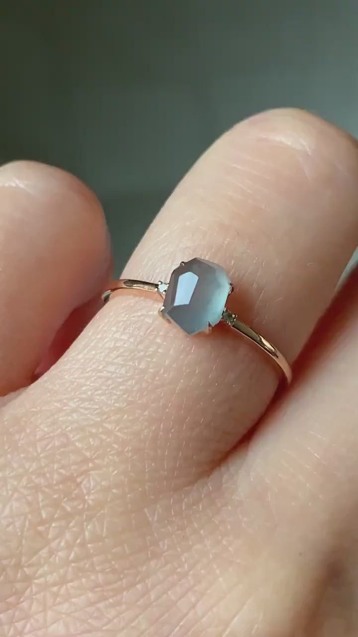 Certified 18K Rose Gold Natural Burmese Icy Faceted Sky Blue Jadeite Solitaire with Diamonds Ring Sz 7 天然缅甸翡翠天空蓝切割面钻石镶嵌戒指