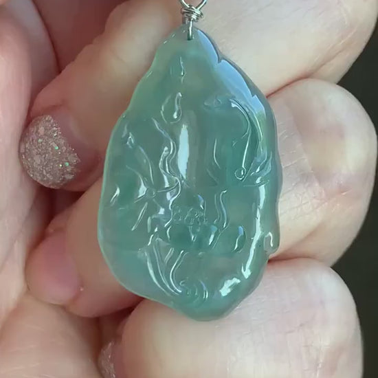 Natural Guatemalan Premium Icy Highly Translucent Light Teal Green Jadeite Lotus Flower & Fish Pendant Sterling Silver 天然高冰危晴色翡翠荷花鱼吊坠