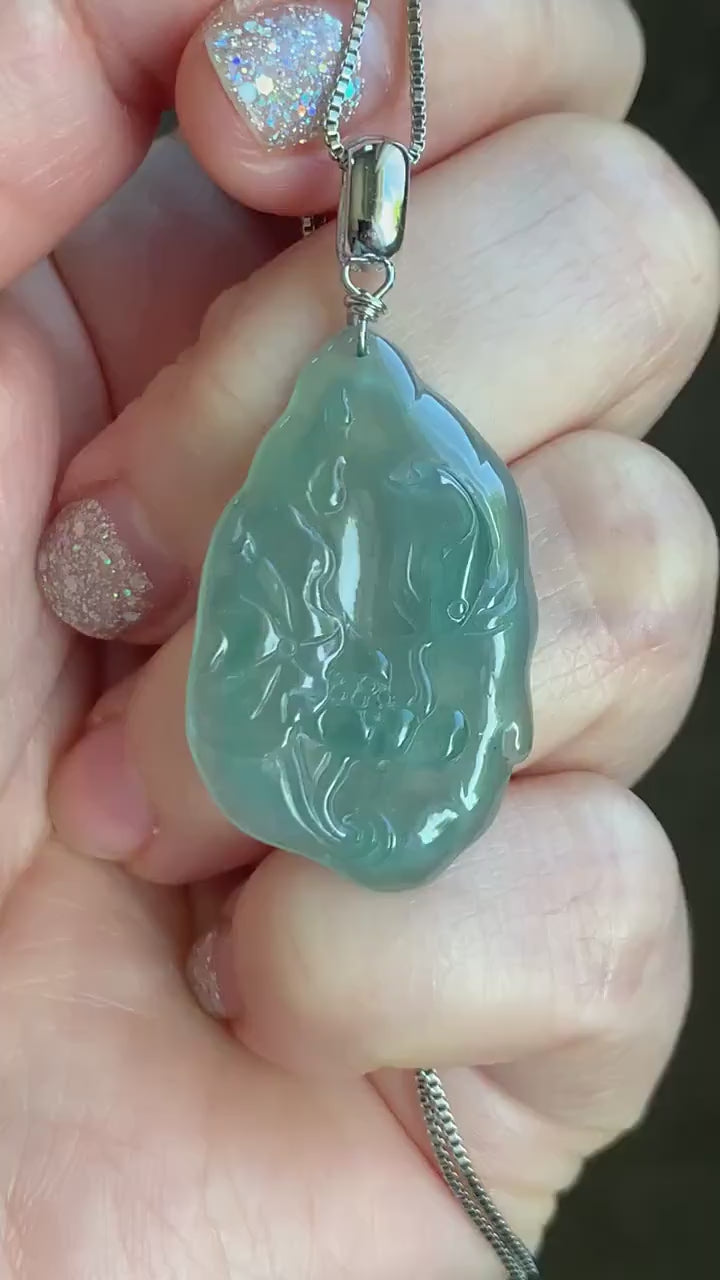Natural Guatemalan Premium Icy Highly Translucent Light Teal Green Jadeite Lotus Flower & Fish Pendant Sterling Silver 天然高冰危晴色翡翠荷花鱼吊坠