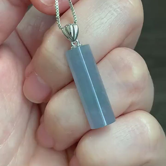 Certified Natural Guatemalan Icy Highly Translucent Light Purplish Blue Jadeite Semi Cylinder Pendant 18K White Gold 天然冰危淡蓝紫翡翠半圆柱镶嵌吊坠 3298