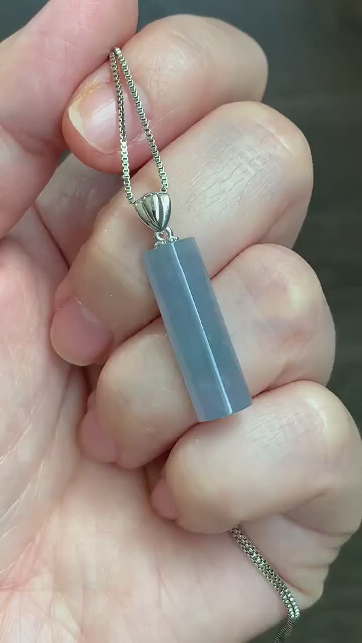 Certified Natural Guatemalan Icy Highly Translucent Light Purplish Blue Jadeite Semi Cylinder Pendant 18K White Gold 天然冰危淡蓝紫翡翠半圆柱镶嵌吊坠 3298
